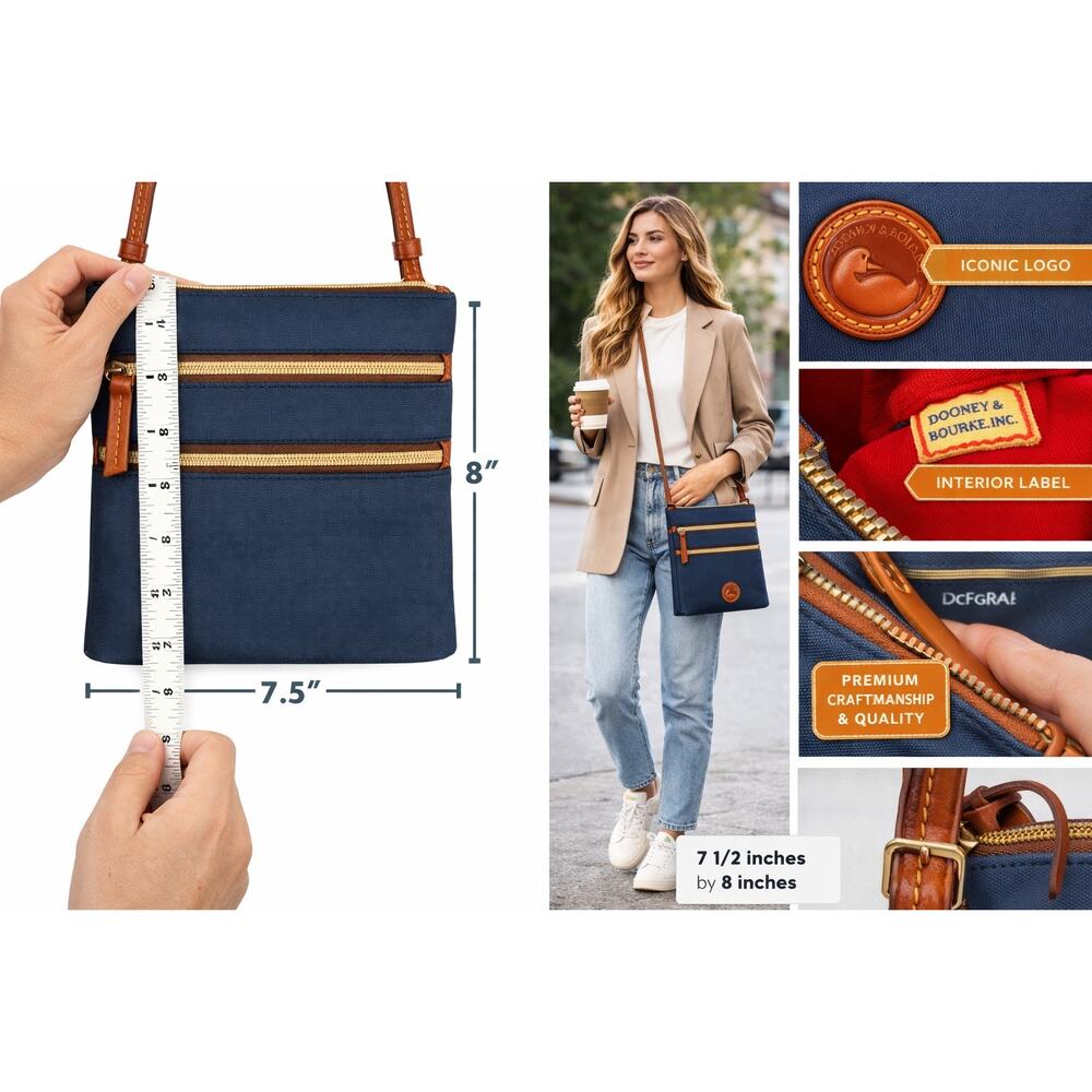 Dooney &‎ Bourke XB298 Triple Zip Crossbody Navy Nylon Leather Trim Quiet Luxury